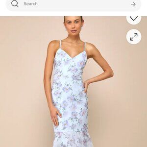 LULUs pure splendor Light Blue Floral Organza Trumpet maxi Dress